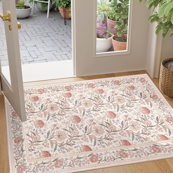 DUKINO 2x3 Rug, Washable Vintage Floral Bathroom Rugs Non Slip, Beige Pink | Low Pile, Stain Resistant Boho Soft Indoor Door Mat, Small Front Door Carpet for Entryway Kitchen Laundry Bedroom Farmhouse