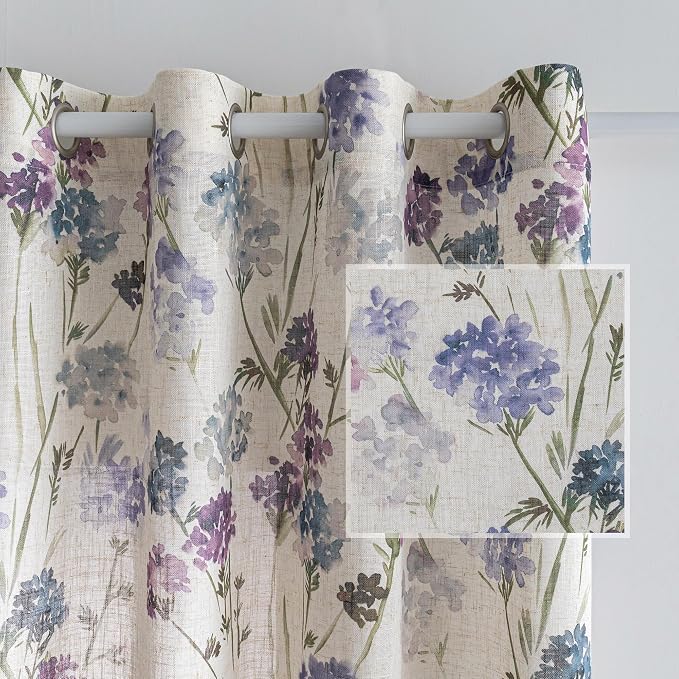 MYSKY HOME Floral Linen Curtains 90 inch Length 2 Panels Set for Living Room Patterned Semi Sheer Light Filtering Privacy Farmhouse Grommet Drapes for Bedroom Small Window, 52" Wide Each Panel, Purple