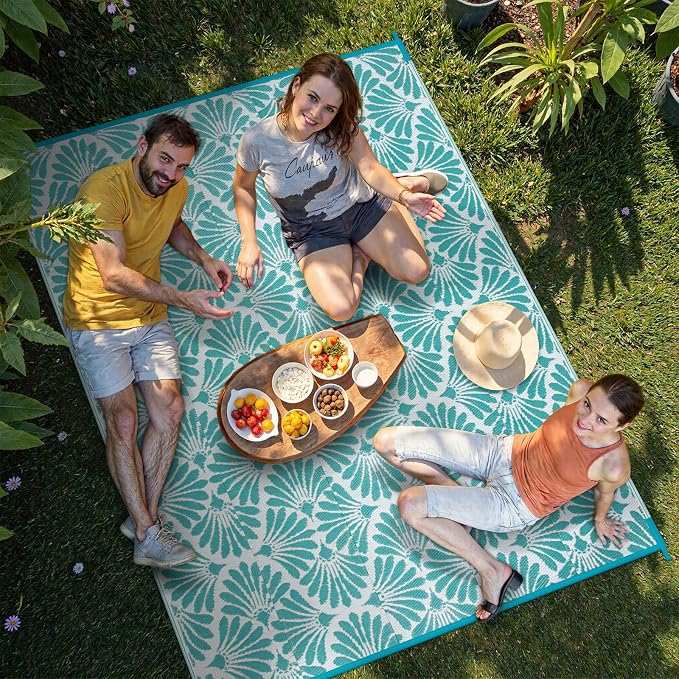 Lahome Outdoor Rugs for Picnic Camping 6x9, Blue Plastic Straw Reversible Rv Beach Rug, Waterproof Lightweight Outdoor Carpet for Pool Beach Balcony Tent Patio Deck, Teal 6'x9'