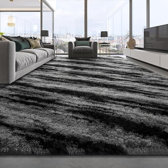 Deerhoo Large Shag Area Rugs 9 x 12, Tie-Dyed Plush Fuzzy Rugs for Living Room, Ultra Soft Fluffy Furry Rugs for Bedroom, Anti-Skid Indoor Carpet Nursery Rugs for Kids Room Home Decor, Black Grey