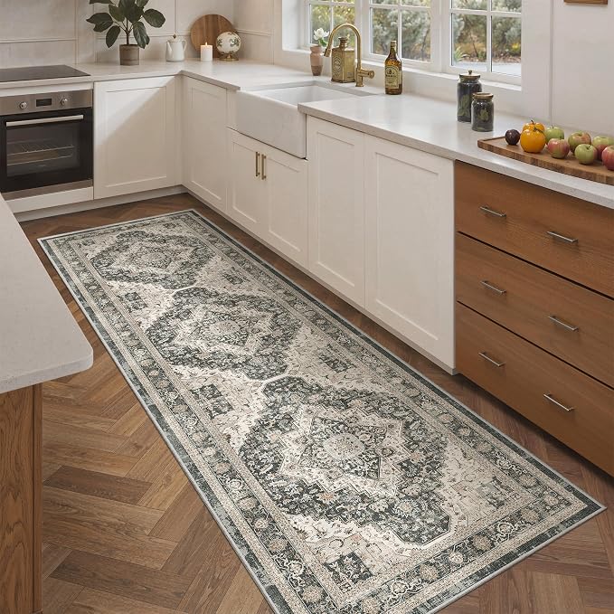 Roxstand Washable 2.6x8 Hallway Runner Rug, Black/Beige | Low-Pile Carpet, Non-slip Backing,8ft Runner, Stain Resistant, Runner for Kitchen, Laundry Room, Entryway, Vintage Design