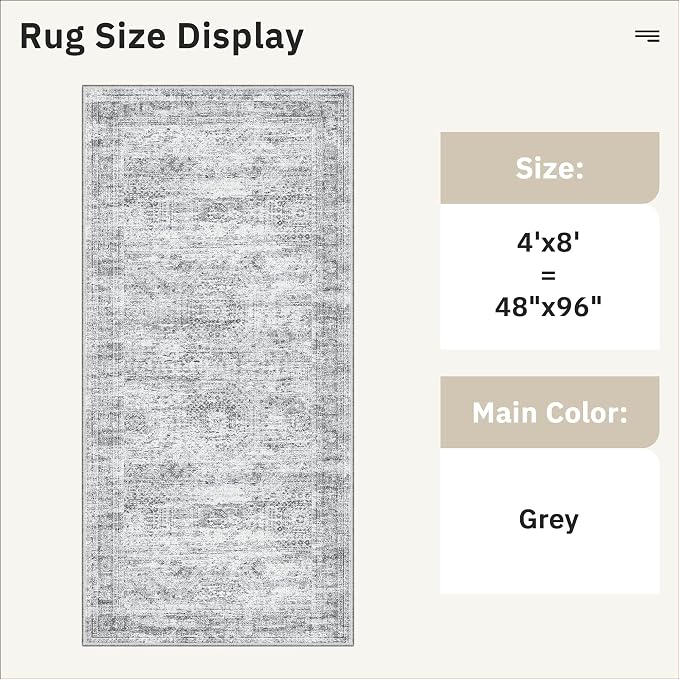 Soalmost Hallway Runner Rug 4x8 Wide: Washable Thin Runners for Hallways Entry, Non Slip Soft Vintage Kitchen Area Rugs for Living Room Bedroom Dining Room Foyer (Grey, 4x8)