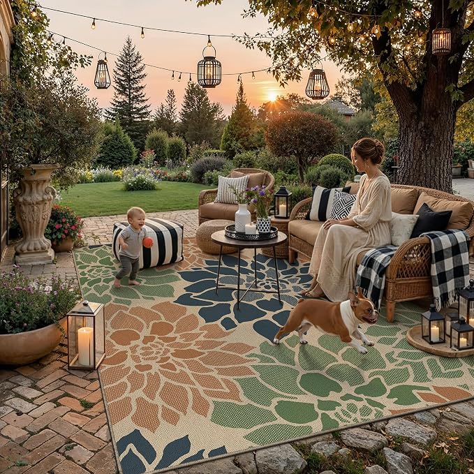 PureCozy 9x12 Easy Jute Outdoor Rug Navy/Organge Floral Textured Indoor Outdoor Area Rug Farmhouse Patio Carpet for Backyard, Patio, Porch, Easy-Cleaning, High Traffic, Pet-Friendly, Non-Shedding