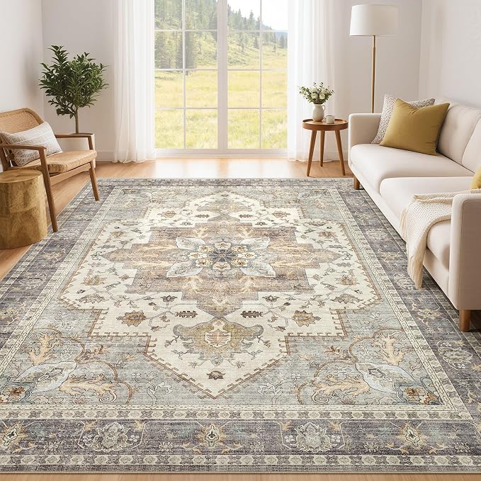 Tortania Area Rug Living Room Rugs - 5x7 Washable Boho Rug Vintage Oriental Distressed Farmhouse Large Thin Indoor Carpet for Living Room Bedroom Under Dining Table Home Office - Greige