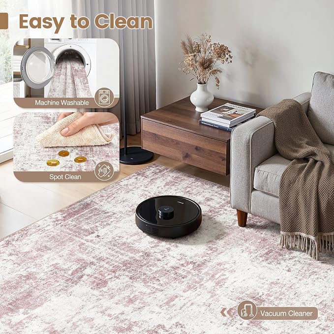 Washable 8x10 Area Rug for Living Room - Modern Abstract Carpet with Non-Slip Backing, Low Pile & Soft, Stain Resistant, Kid & Pet Friendly Decor for Bedroom & Dining Room - Pink