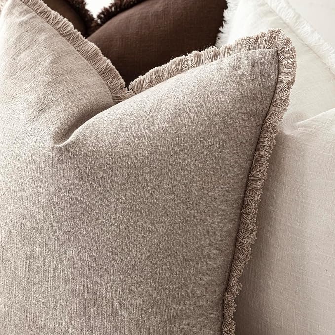 Foindtower Set of 2 Decorative Linen Fringe Throw Pillow Covers Farmhouse Cushion Cover with Tassels Soft Accent Pillowcase for Couch Chair Sofa Bed Living Room Home Decor,18×18 Inch,Natural Linen