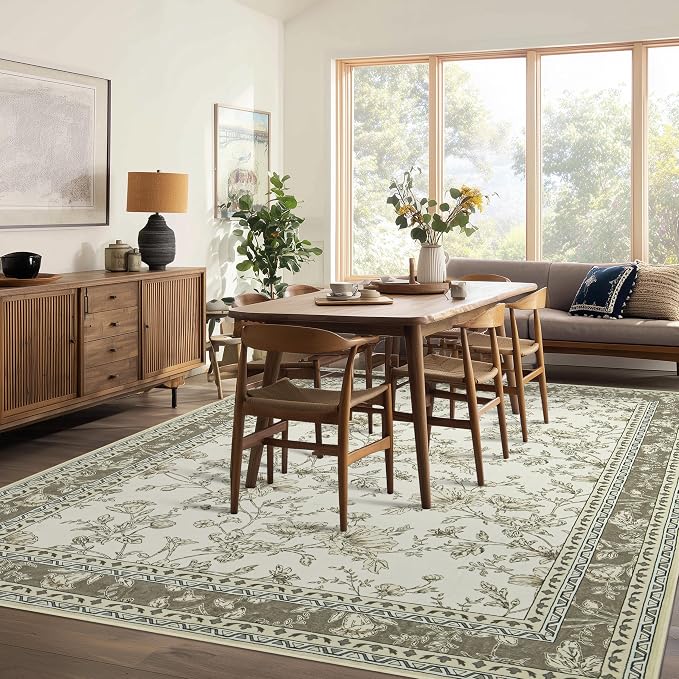 Beige and Taupe Farmhouse Washable 9x12 Area Rugs for Living Dining Room Bedroom Office Kitchen Table Large Rug for Under Table, Light Tan Cream Khaki Sketch Pattern Floral Vintage Boho Home Decor