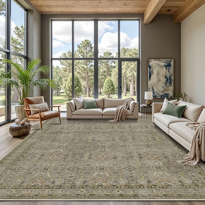 Rugxara 9x12 Area Rugs for Living Room Large Washable Rug, Olive Brown | Non Slip, Rug for Bedroom Dining Room Office, Stain Resistant, Soft, Low Pile, Vintage Boho Retro Carpet, Home Decor
