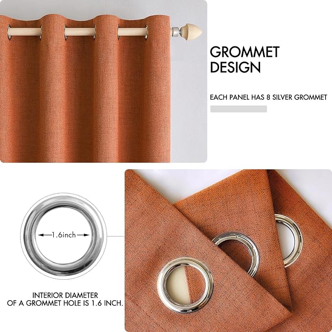 MIULEE Linen Curtains for Bedroom 100% Blackout Thermal Insulated Orange Grommet Room Darkening Curtains & Drapes Fall Decor for Living Room 52 x 90 Inch (2 Panels)