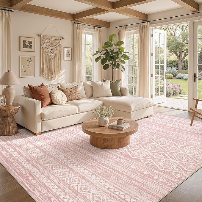 Nakagishi Area Rug Living Room Rugs: 5x7 Large Soft Machine Washable Boho Moroccan FarmNeutral Stain Resistant Indoor Floor Carpet for Bedroom Under Dining Table Home Office Decor-Pink