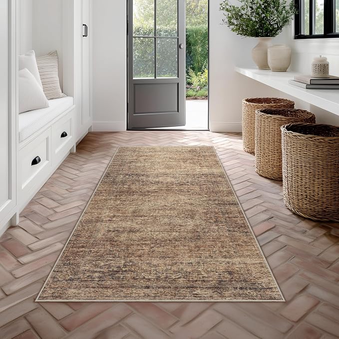 FMFUNCTEX 2x8 Runner Rug Terracotta Washable Vintage Neutral Distressed Oriental Non Slip Low Carpet Retro Hallway Entryway Pile Indoor for Kitchen Living Room Bedroom Bathroom Laundry Entry Bedside