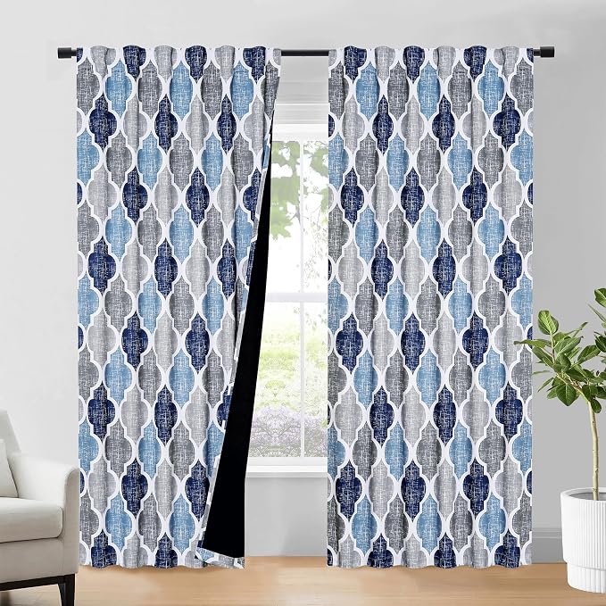 Beauoop Moroccan 100% Blackout Curtains Bedroom Blue Grey 50x72 2 Panels | Geometric Room Darkening Drapes for Living Room 72 Inch Long Thermal Insulated Soundproof Lattice Window Treatment Rod Pocket