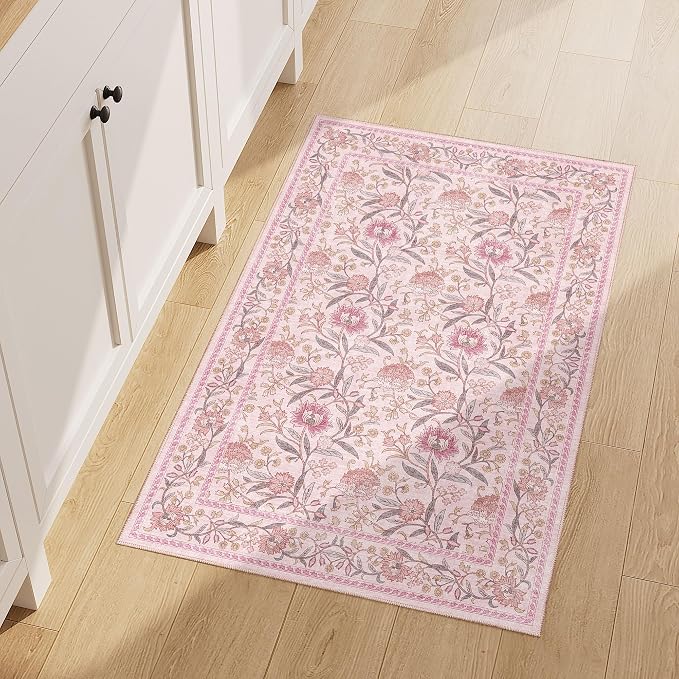 DUKINO 2x3 Rug, Washable Vintage Floral Bathroom Rugs Non Slip, Pink | Low Pile, Stain Resistant Boho Soft Indoor Door Mat, Small Front Door Carpet for Entryway Kitchen Laundry Bedroom Farmhouse