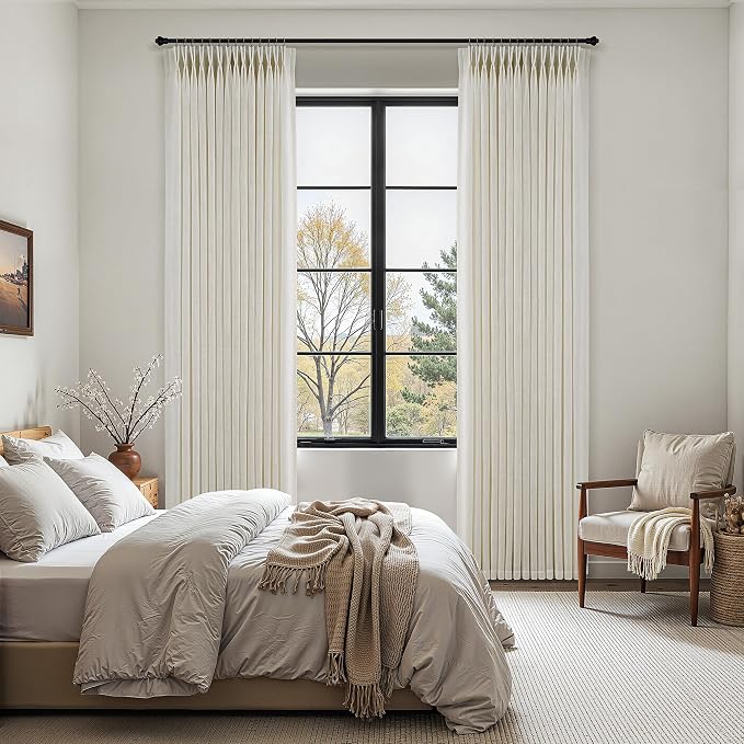 Pinch Pleated Thick Linen Curtains 90 Inch Length 2 Panels Set for Living Room Warm Beige Neutral Pleated Curtains Semi Sheer Light Filtering Privacy Bedroom Window Drapes