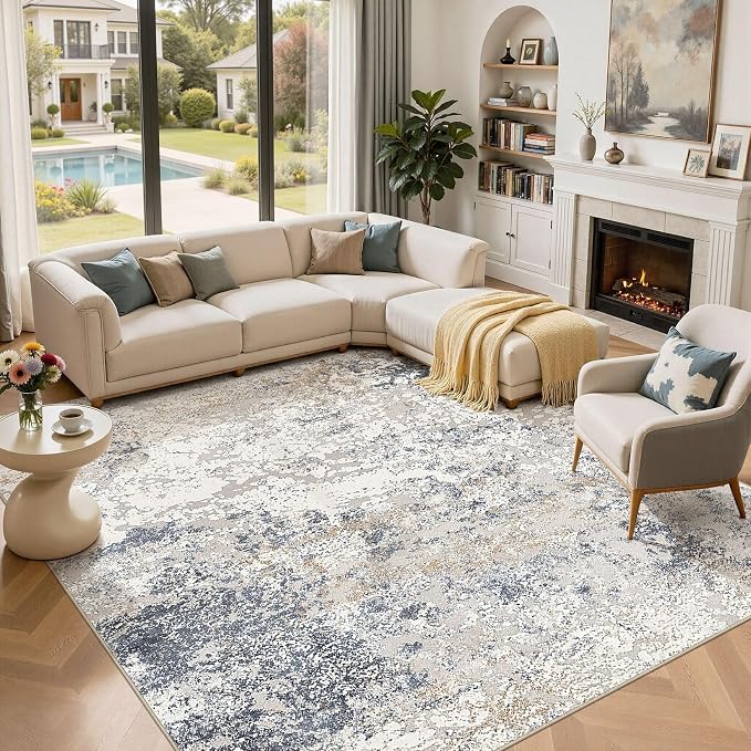 DMOYEST Square Area Rug Living Room Rugs - 10x10 Washable Large Soft Indoor Neutral Modern Abstract Low Pile Rug Carpet for Bedroom Dining Room Farmhouse Home Office - Beige Blue