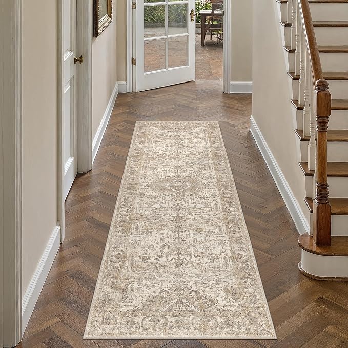 HUGEAR 2x6 Runner Rug Beige Machine Washable Area Rug Room Decor Hallway Rugs Vintage Distressed Low Pile Carpet Non Slip Rugs for Kitchen Laundry Living Soft Lightweight