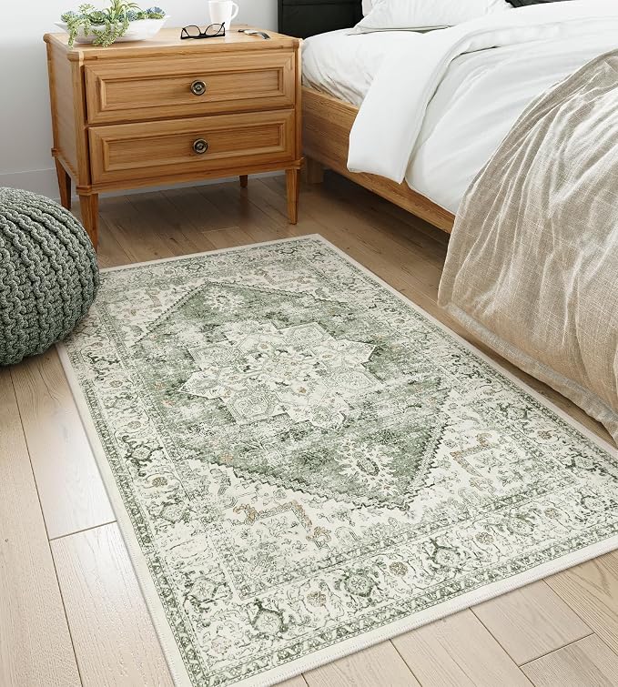 LIVEBOX Sage Washable Vintage Area Rug 3x5 Non-Slip | Low-pile design, machine washable, distressed print, perfect for entryway, bedroom, kitchen, foyer and laundry room