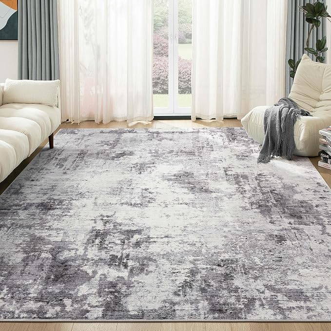 Abstract 7x9 Area Rug: Machine Washable Non Slip Ultra Thin Low-Pile Carpet, Soft Stain Resistant for Living Room Bedroom Nursery, Kid Pet Friendly, Robot Vacuum Compatible - Grey