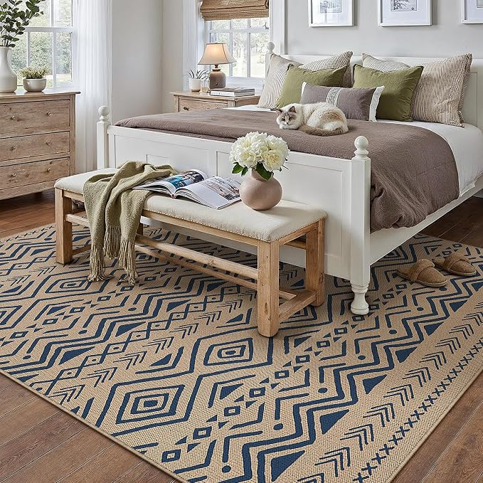PureCozy 9x12 Easy Jute Outdoor Rug Blue Boho Indoor Outdoor Area Rug Farmhouse Patio Carpet for Backyard, Patio, Porch, Living Room，Easy-Cleaning, High Traffic, Pet-Friendly, Non-Shedding