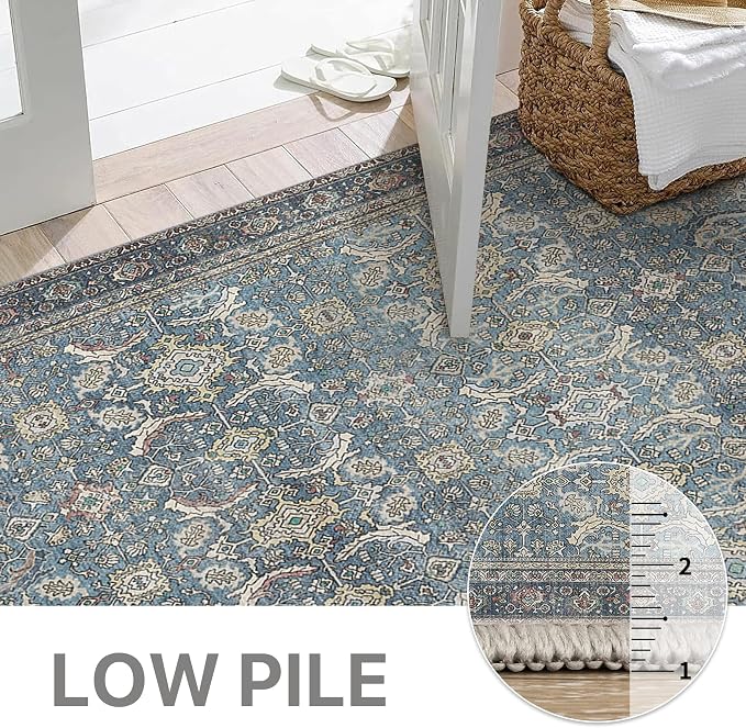 BESBLEE 3X5 Area Rugs Machine Washable Rugs for Living Room, Vintage Boho Large Rugs for Bedroom Dining Room, Non Slip Indoor Soft Distressed Lightweight Thin Low Pile Carpet, Vintage Blue