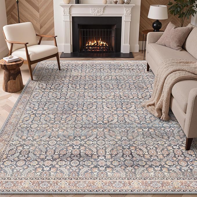 BESBLEE 4X6 Area Rugs Machine Washable Rugs for Living Room, Vintage Boho Large Rugs for Bedroom Dining Room, Non Slip Indoor Soft Distressed Lightweight Thin Low Pile Carpet, Blue Grey