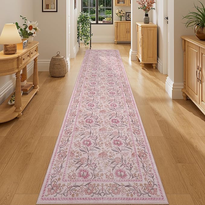 DUKINO 2x10 Runner Rug for Hallway, Washable Vintage Floral Rug, Pink | Non Slip, Low Pile, Non-Shedding, Stain Resistant Soft Long Runner Carpet for Kitchen Bathroom Entryway Bedroom Farmhouse