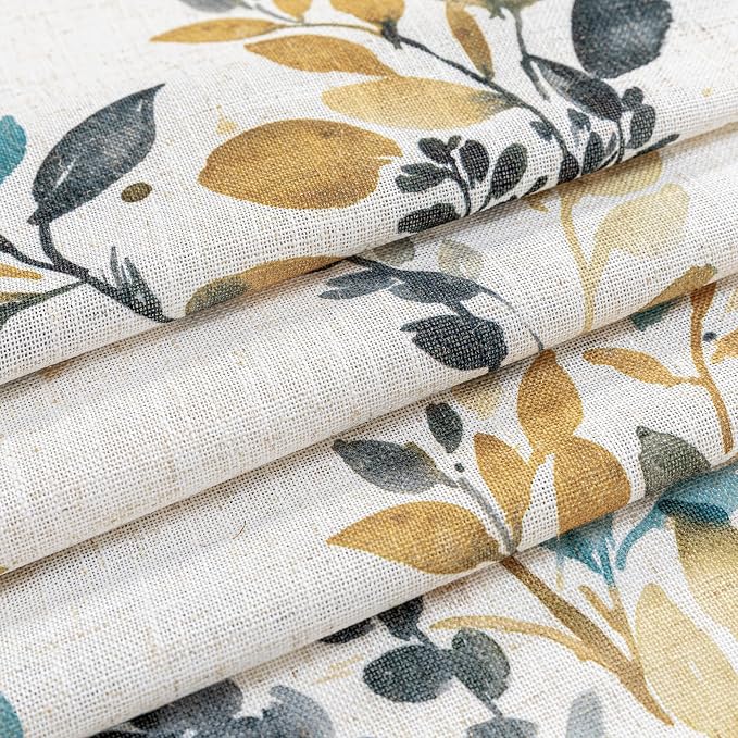 MYSKY HOME Linen Sheer Curtains for Living Room Leaf Patterned Semi Vertical Drapes Decor Farmhouse Style Texture for Dining Room Light Soften Privacy, Yellow and Blue, W52 x L90, Pack-2