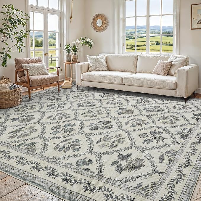 Blue Floral 8x10 Area Rugs for Living Room, Blue and Green Multi Bedroom Rug Boho Low-Pile Dining Room Washable 8x10, Vintage Soft Indoor Non-Slip Floor Carpet Office Rug Playroom