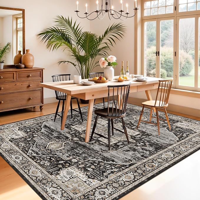 RUUGME Washable 6x8 Oriental Area Rug - Soft Stain Resistant Rugs for Living Room Bedroom Non Slip Low Pile Carpets for Dining Room Non-Shedding Home Decor Mat for Bathroom Study Room 6x8 Black