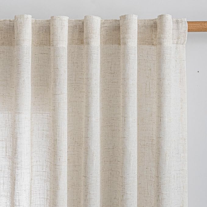 MYSKY HOME 90 Inches Long Linen Curtains for Living Room, Semi Sheer Bedroom Curtains Farmhouse Boho Room Decor Sliding Glass Patio Doorways Light Filtering Privacy Protect, 50" x 90", Linen, 2 Panels