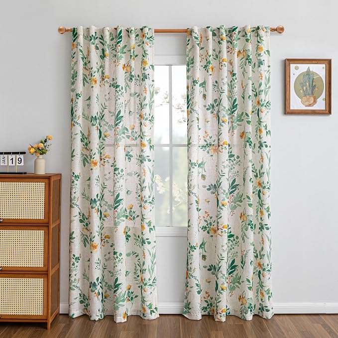 MYSKY HOME Green Floral Curtains 84 Inch Length Linen Blended Farmhouse Curtains for Living Room Bedroom Semi Sheer Sage Green Flower Cottage Curtain Drapes Back Tab 50" Wide Each Panel, 2 Panels