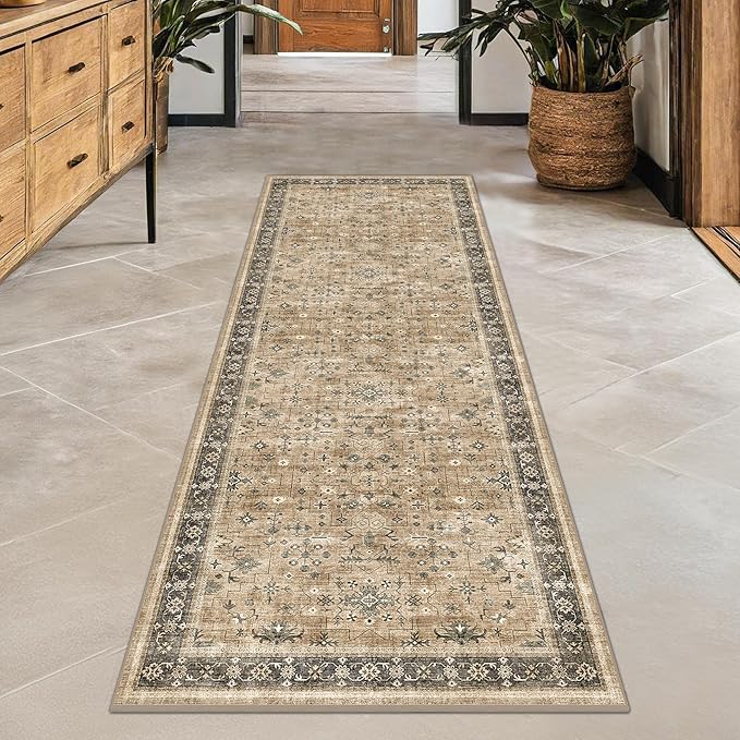 Natural Taupe 2x8 Runner Rug for Hallway, Long Runner Rug for Kitchen, Entryway Indoor Runner for Bathroom, Non-Slip Low-Pile Washable Stain Resistant, Vintage Natural Earthy Décor