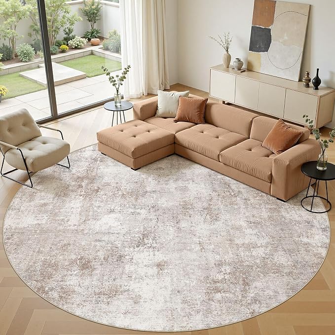 10ft Round Area Rugs for Living Room, 10x10 Washable Non Slip Soft Large Rugs for Bedroom Dining Room, Modern Abstract Low Pile Stain Resistant Carpet for Laundry Office Home Decor - Brown
