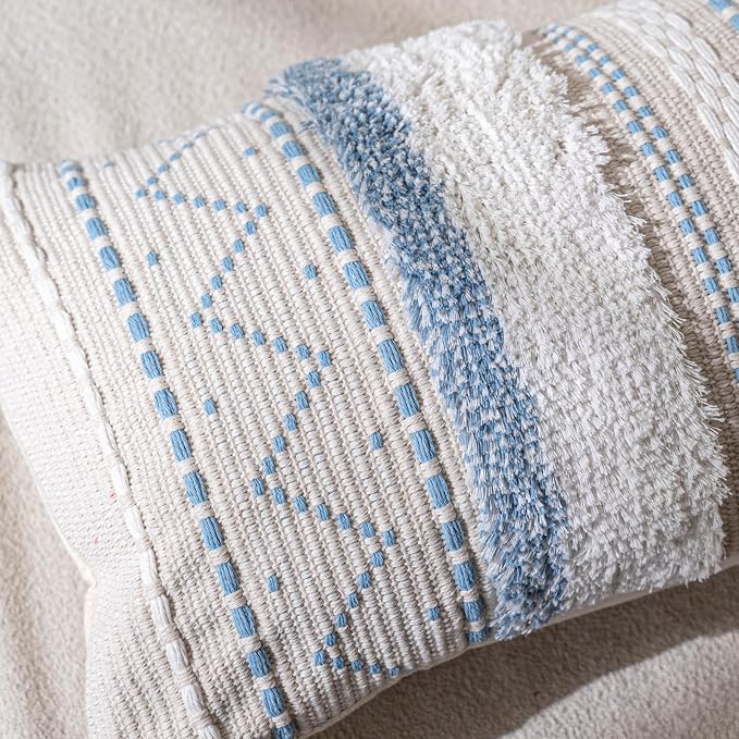 BlissBlush 18X18 Throw Pillow Cover, Coastal Blue Square Decorative Cushion Cover, Boho Accent Pillowcase with Tassels for Couch Sofa Living Room (Cover Only)