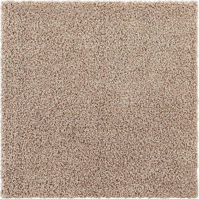Unique Loom Solid Shag Collection Area Rug (5' 1" Square, Taupe) | Modern solid area rug for dining room, living room & bedroom. Stain-resistant, easy-care, kid & pet friendly