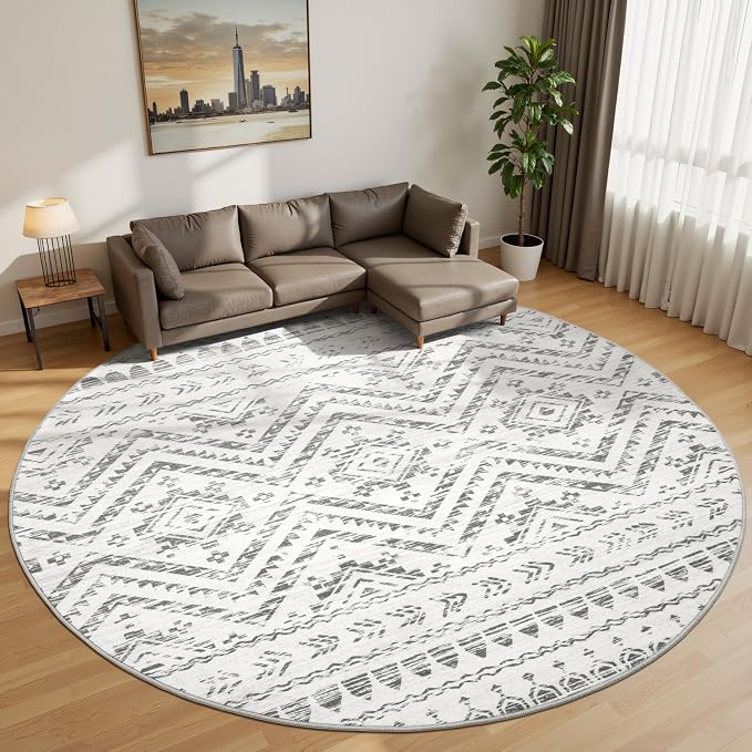 Miukiki Round Rugs 6ft for Living Room Moroccan Washable Circle Rug Non Slip Indoor Floor Carpet Foldable Area Rug for Dining Room with Low Pile(Grey,6'x6')