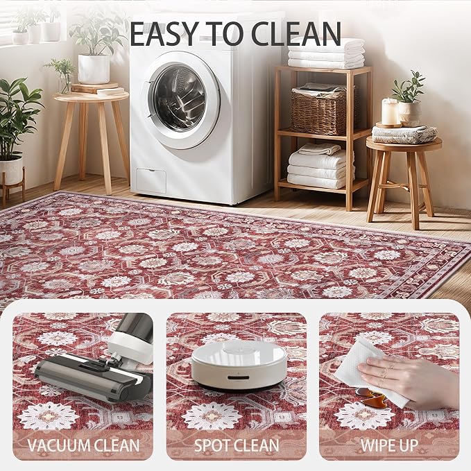 5x7 Area Rugs, Soft Non Slip Low Pile Washable Rug, Boho Modern Rug for Living Room, Bedroom, Dining Room, Red