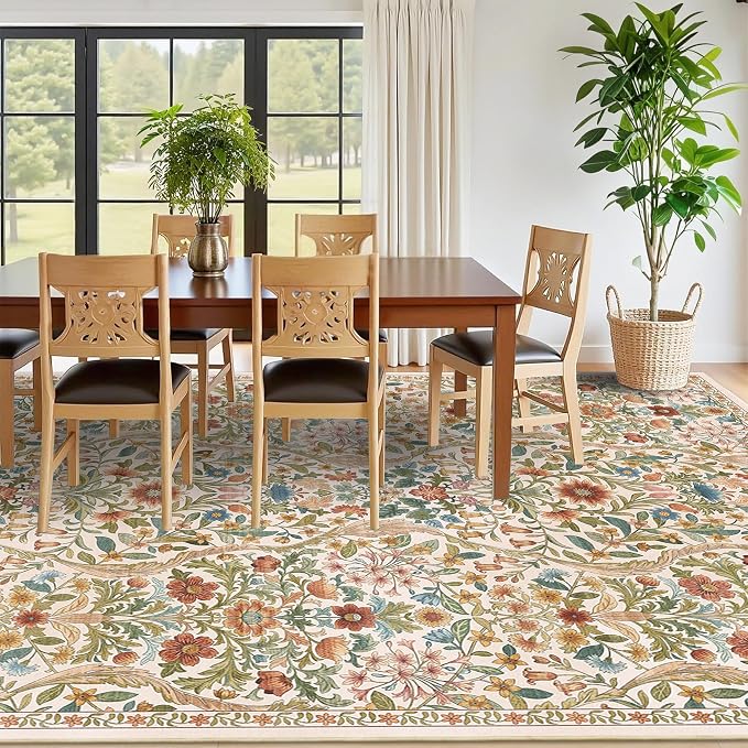 8x10 Washable Area Rug for Living Room, Large Vintage Beige Floral Rugs, Soft Non-Slip Stain Resistant Boho Lightweight Carpet for Girls Bedroom Dining Room Nursery Home Office