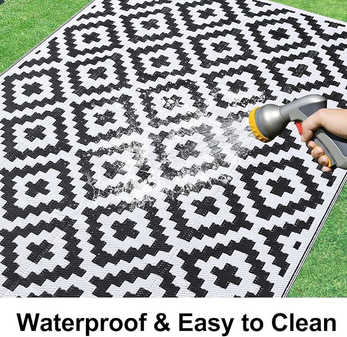 Smiry Waterproof Outdoor Rug 9x12 ft, Reversible Plastic Straw Patio Camping Rugs, Outdoor Indoor RV Mat Carpet for Patio, Outside Entry, Backyard, Deck, Bench, Picnic, Camper, Black & White