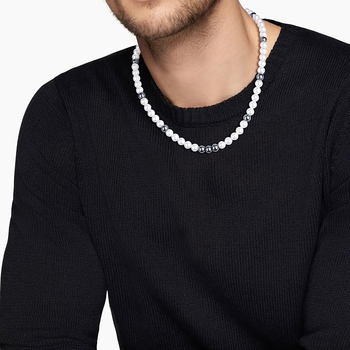 GAVU Men's Pearl Necklace, Pearl Jewelry Crystal Beaded Necklace for Men 20"/22"/24"/26"