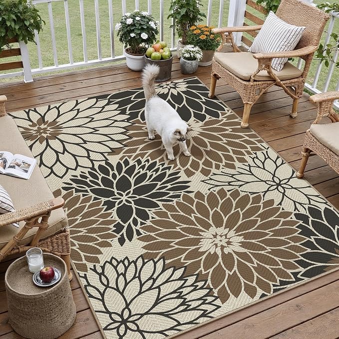 HUGEAR 3'x5' Waterproof Floral Outdoor Rug Patio Linen-Look Black Brown Floor Mat for Camping RV Outside Area Rug Deck Porch Balcony Backyard Picnic Beach Carpet Decor