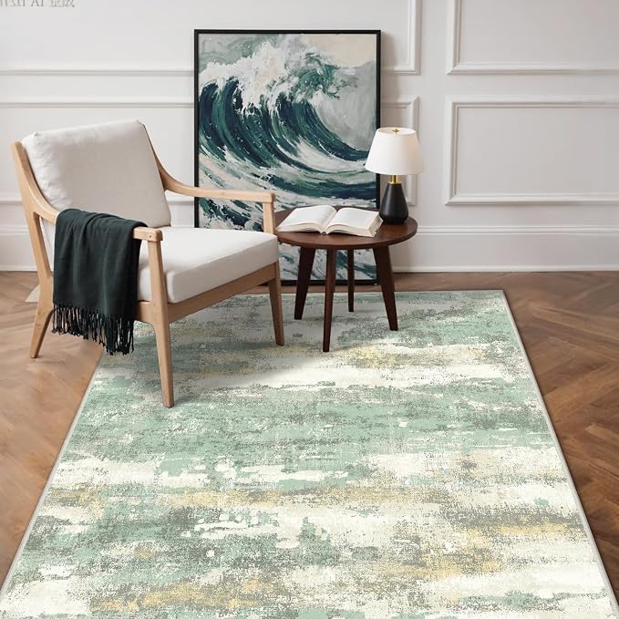 GENIMO 3x5 Area Rug for Entryway Washable, Modern Abstract Small Rugs for Hallway Living Room, Bedroom Beside, Non-Slip Low Pile Lightweight Soft Carpet, Light Green