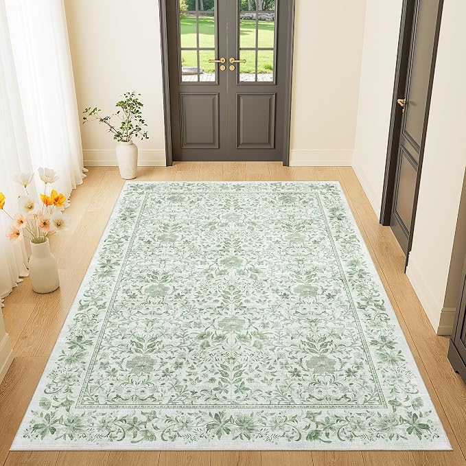 DUKINO 4x6 Rug for Living Room, Washable Vintage Floral Area Rug Sage Green | Non Slip, Low Pile, Non-Shedding, Aesthetic Lightweight Soft Indoor Carpet for Bedroom Kitchen Bathroom Entryway Farmhouse