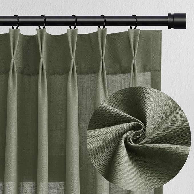 Aersas Forest Green Linen Pinch Pleated Curtains 84 Inches Long 2 Panels for Living Room Bedroom Pinch Pleat Hooks Rings Back Tab Light Filtering Loden Dark Green Farmhouse Drapes 84 Inch Length