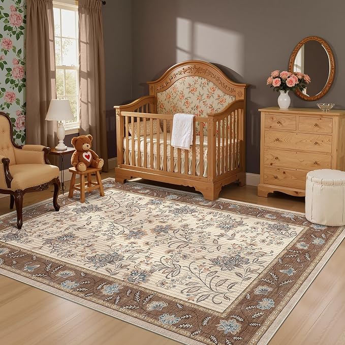 GarveeHome 5x7 Area Rug French Brown Washable Rugs for Living Room Bedroom, Soft Low Pile Non Slip Accent Floor Mat Botanical Floral Print Throw Rug Indoor Carpet Dining Room Playroom