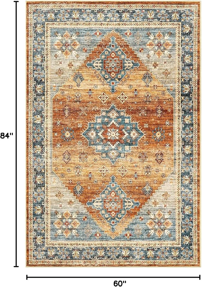 Roxstand 5x7 Washable Area Rugs, Non Slip Living Room Rug Navy/Orange | Low Pile Vintage Rug, Stain Resistant, Non-Shedding Design, Pet & Kid Friendly, Carpet for Bedroom, Dining Room Office