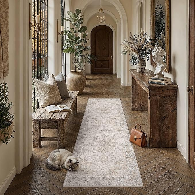 HUGEAR Beige Runner Rugs 2x6 Washable Rug Indoor Carpet | Hallway Runner Rug,Vintage Rug,Bedroom,Kitchen,Laundry,Non Shedding,Non Slip,Low Pile,Soft