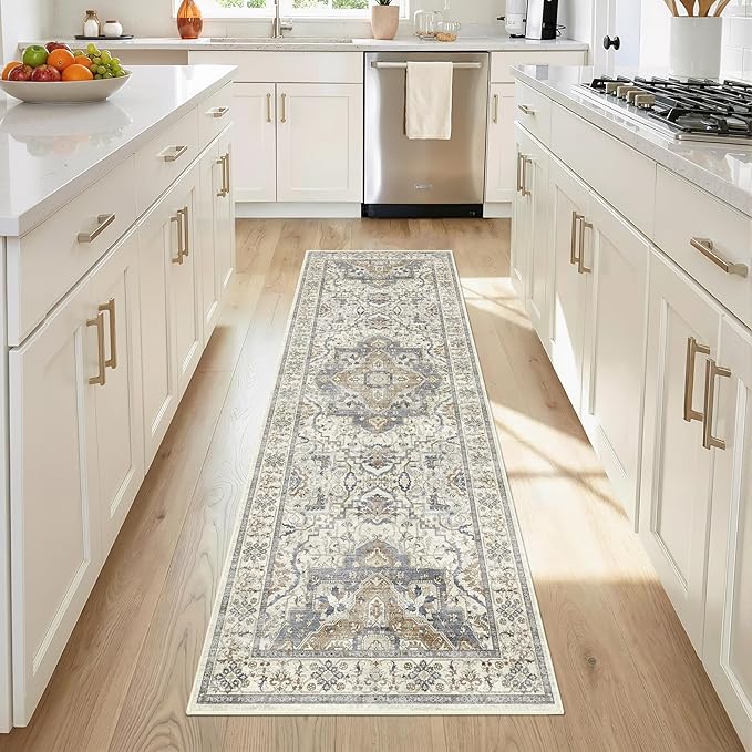 2x6 Washable Kitchen Runner Rug, Non Slip Vintage Runner Rugs for Hallway, Ultra-Thin Low Pile Distressed Kitchen Rugs Non Skid, Machine Washable Laundry Entryway Indoor Carpet,Beige/Blue