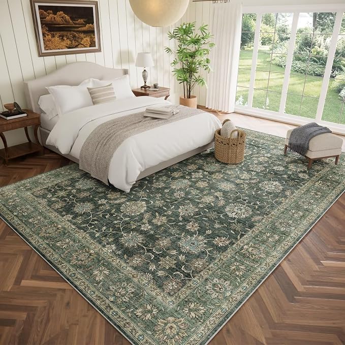 Boho Washable 10x14 Area Rugs for Living Room, Cushioned, Sage Green | Vintage Non-slip Neutral Oriental Rugs for Bedroom Dining Room Nursery Office High Traffic Area
