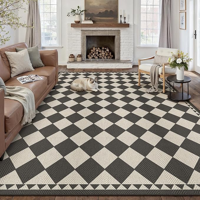 HUGEAR 9x12 Outdoor Rug Black/Beige Linen-Look Fabric Checkered Area Rug High Traffic Stain Resistant Easy Clean Durable Rugs for Indoor/Outdoor Patio Deck Balcony Porch Garden Courtyard